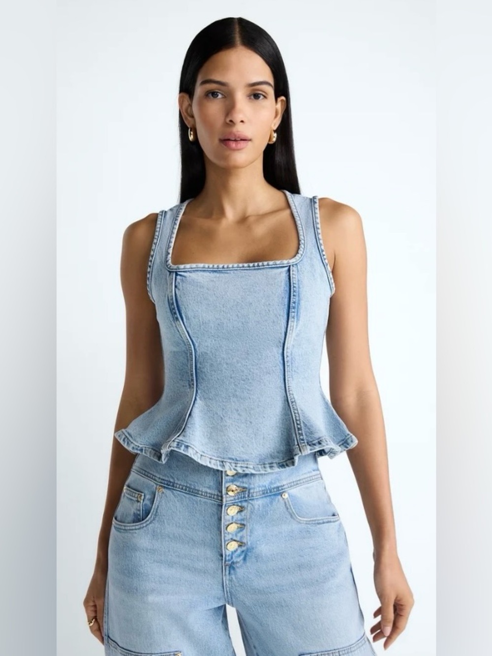 The Devil Wears Prada Scoop Collection Peplum Hem Denim Top Womens 6